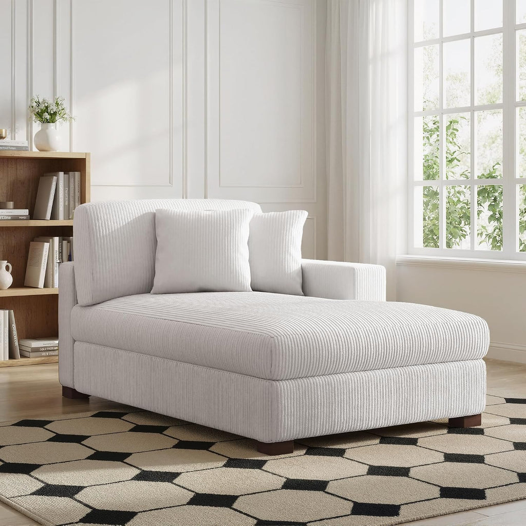 Oversized Chaise Lounge Chair Indoor, Corduroy Upholstered Sofa Bed for Living Room, Comfy Sleeper Couch Bedroom Reading Seat with Wood Frame - Beige, Left Armrest