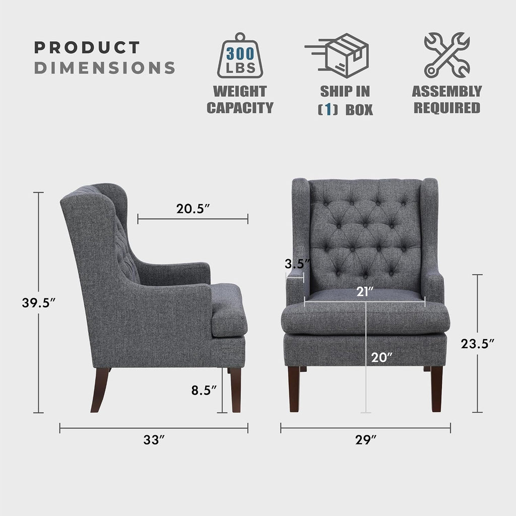 Lexicon Living Room Accent Chair, Textured Fabric Upholstered Reading Chair, Button-Tufted, High Wingback for Living Room/Bedroom/Office, Charcoal