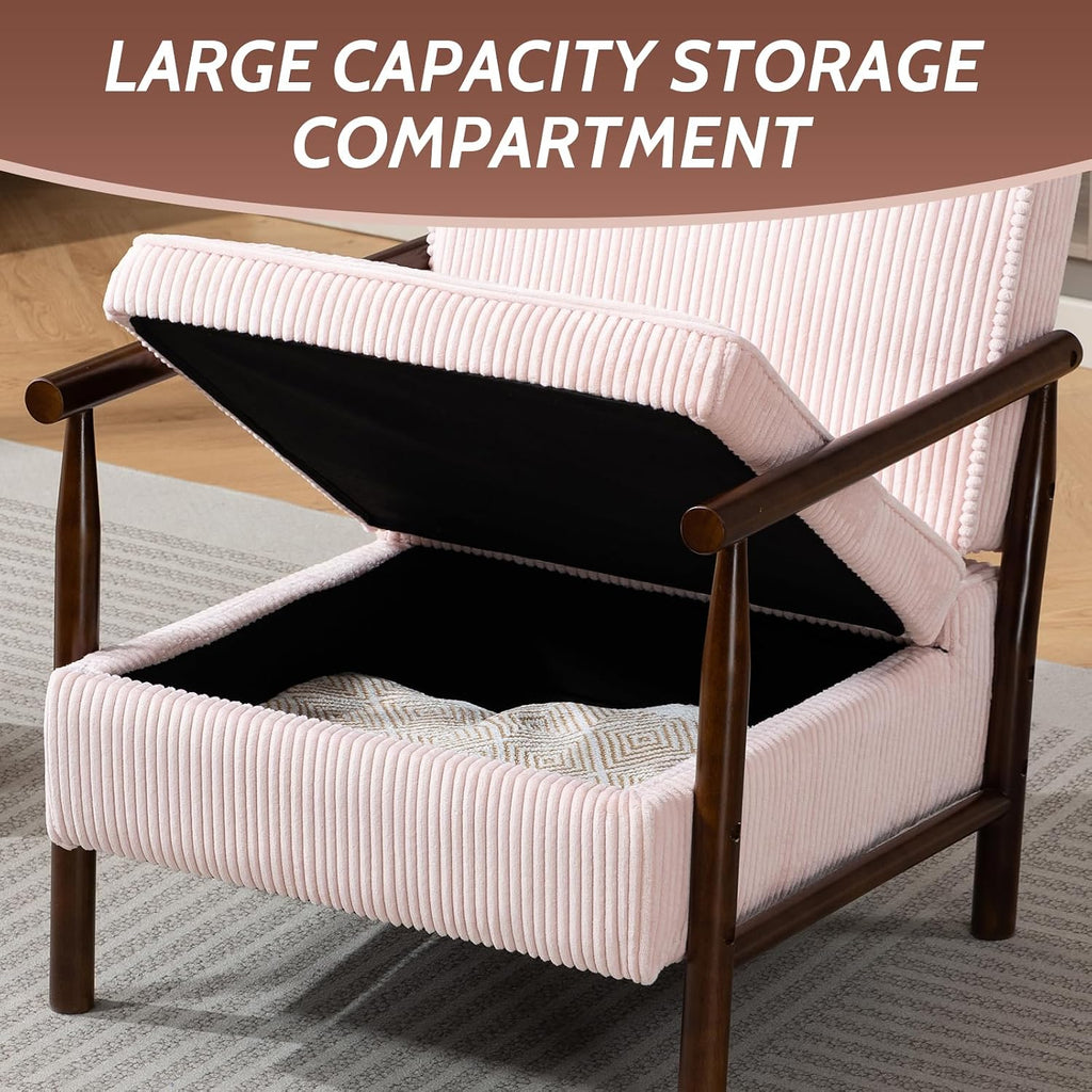 Accent Chair with Hidden Storage, Mid-Century Upholstered Armchair with Solid Wood Frame, Corduroy Fabric Accent Chair for Living Room, Bedroom, and Reading Corner(Pink)