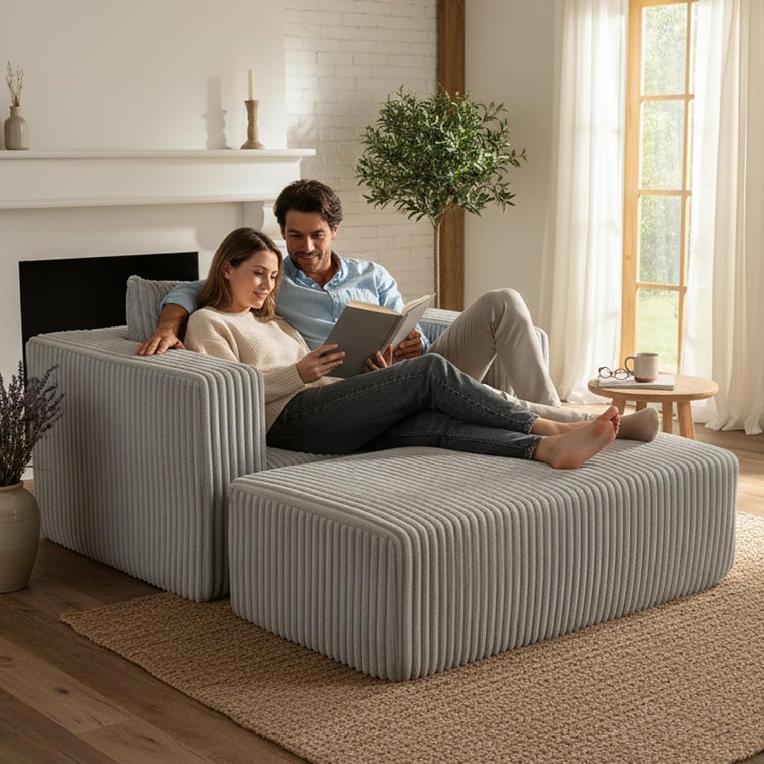 GDFStudio Full-Foam Boneless Sofa with Ottoman, Compressed Cloud Sofa Bed Single Chaise Lounger Small Couches for Small Spaces Bedroom Living Room, Modern Couch Recliner Corduroy Furniture, Smoke Grey
