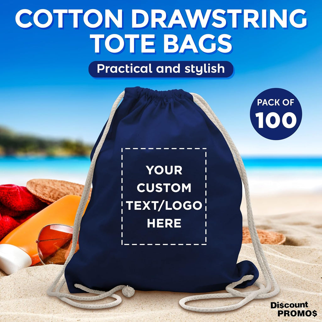 DISCOUNT PROMOS Custom Cotton Drawstring Backpacks Set of 100, Personalized Bulk Pack - Bring Everywhere You Go and For Everyday Use - Navy Blue