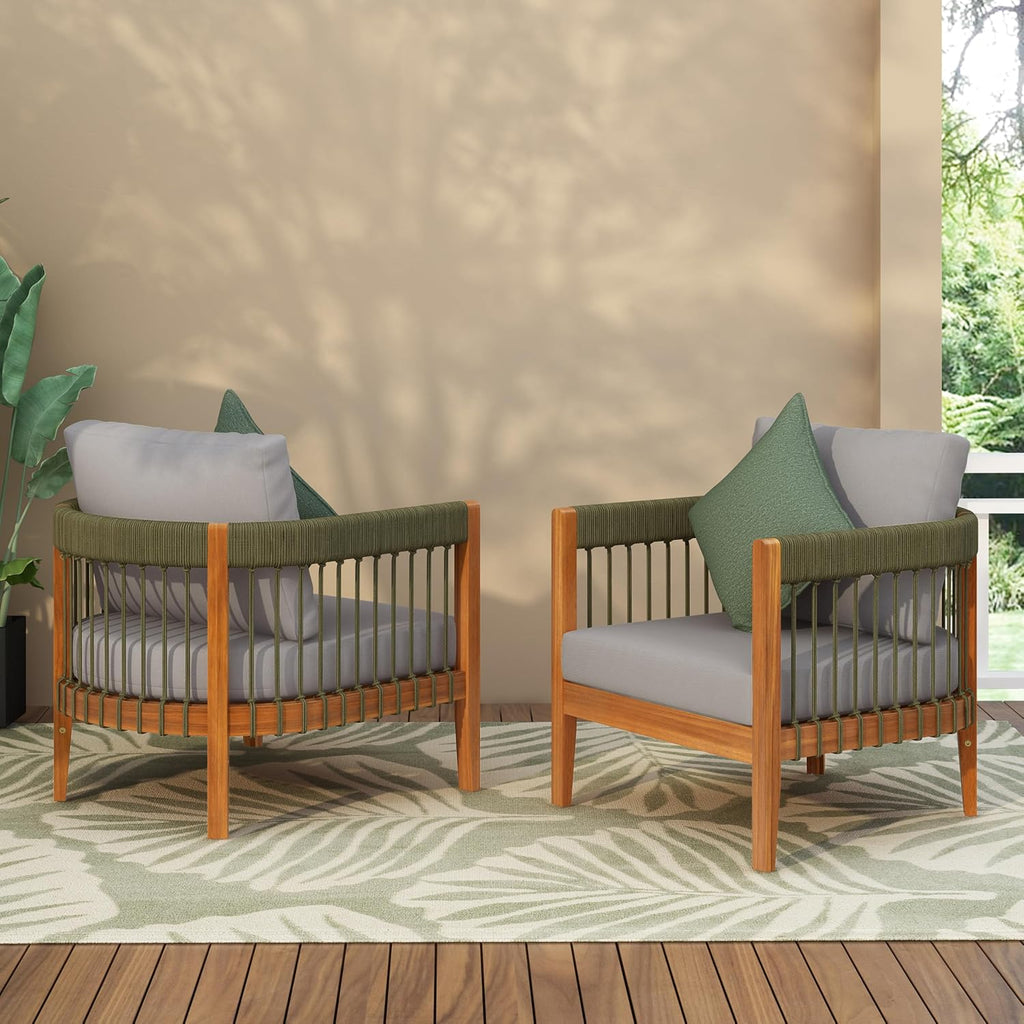 Christopher Knight Home Vinny Outdoor Club Chairs Set of 2, Acacia Wood Accent Chair, Comfort Seating Reading Sofa, Handwoven Rope Armchair with Removable Cushions for Garden Backyard, Green+Gray