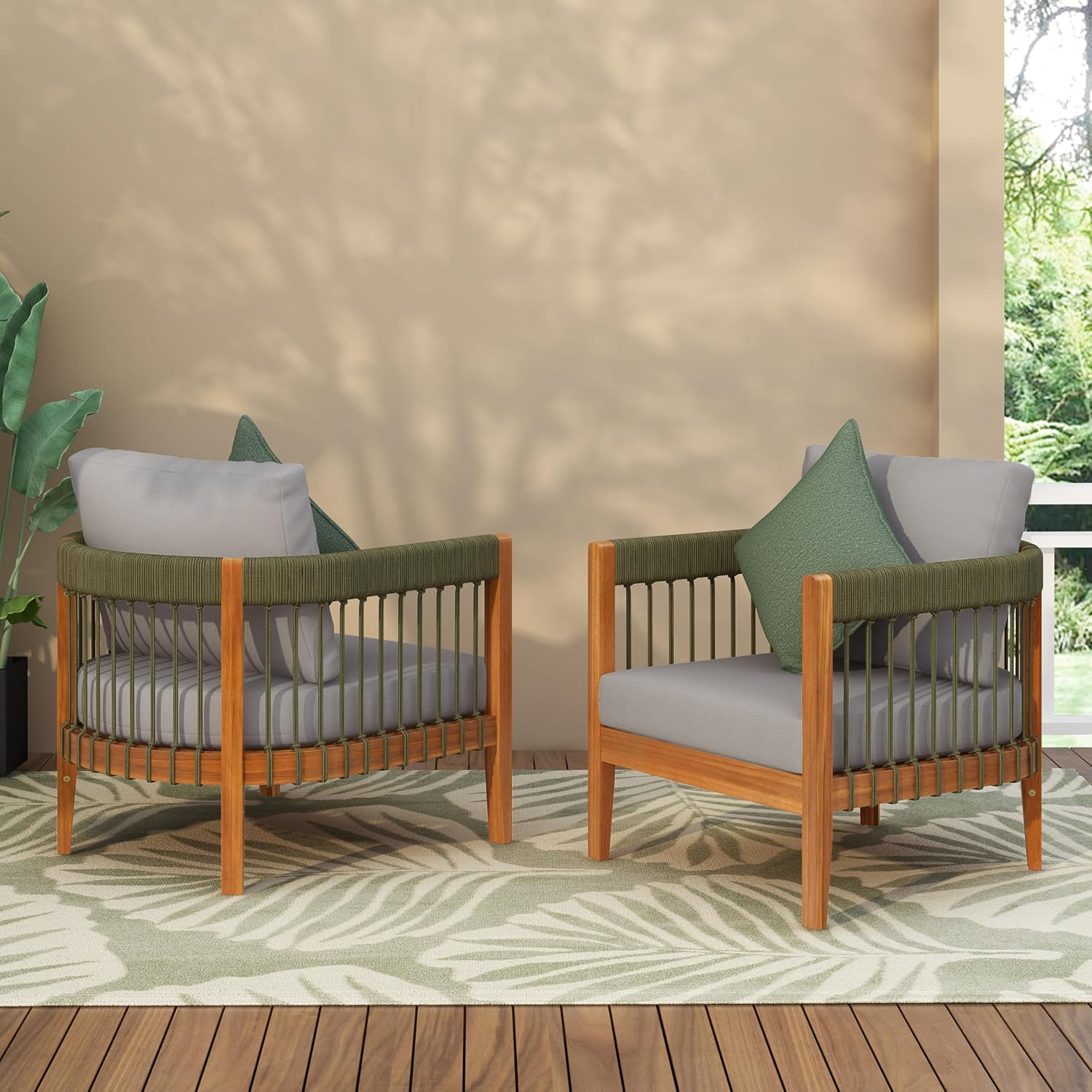 Christopher Knight Home Vinny Outdoor Club Chairs Set of 2, Acacia Wood Accent Chair, Comfort Seating Reading Sofa, Handwoven Rope Armchair with Removable Cushions for Garden Backyard, Green+Gray