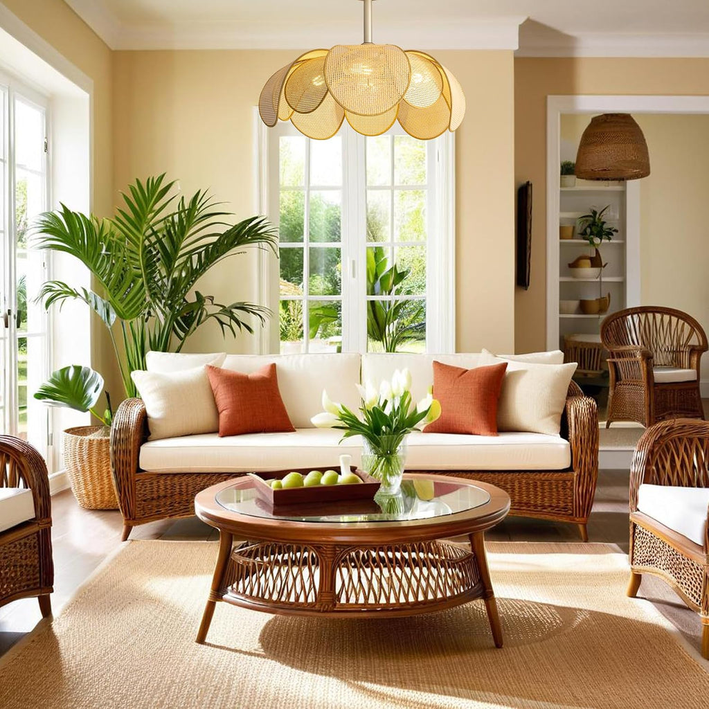 Rattan fandelier Ceiling Fans with Lights, Fandelier Chandelier Ceiling Fan and Remote,Boho,Flush Mount,Low Profile,for Bedroom,Living Room,(25.5 Inch,6 Speed