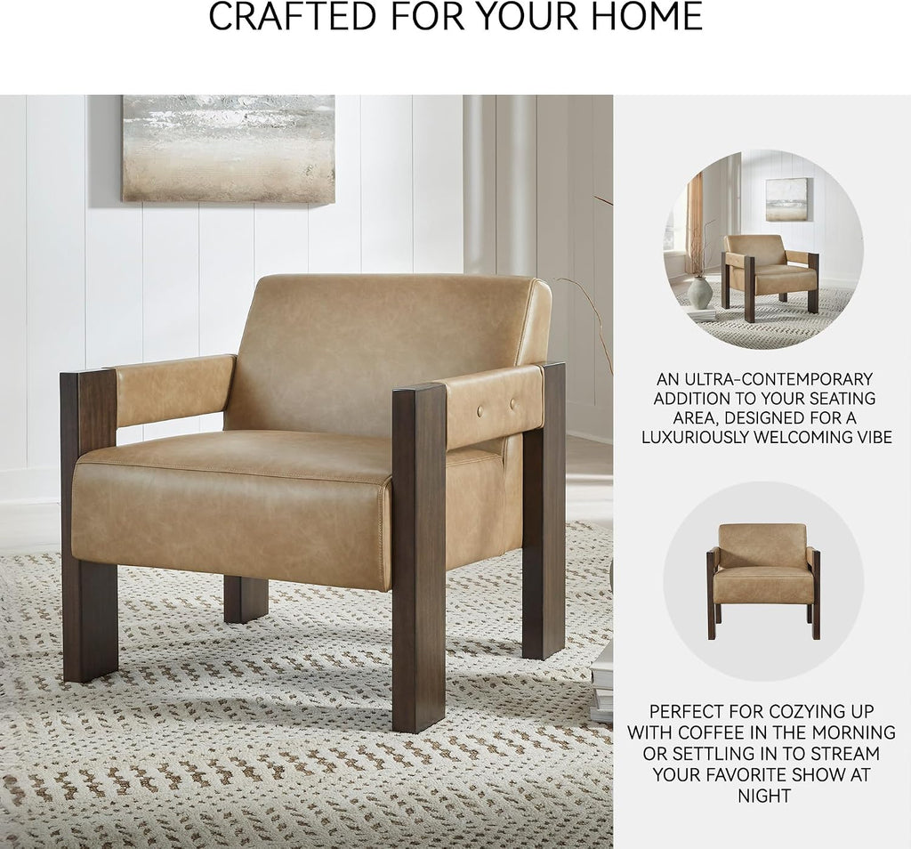 Signature Design by Ashley Adlanlock Contemporary Faux Leather Accent Chair with Wood Frame, Light Brown