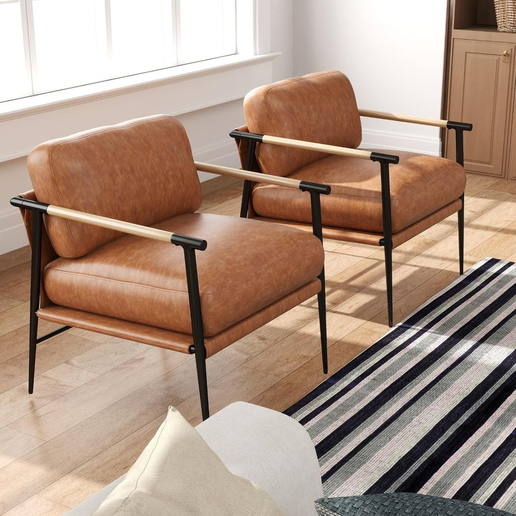 LukeAlon PU Leather Accent Chairs Set of 2 Brown Lounge Chairs with Metal Legs Modern Armchairs Upholstered Mid-Century Comfy Leisure Chair for Bedroom Living Room Reception Area