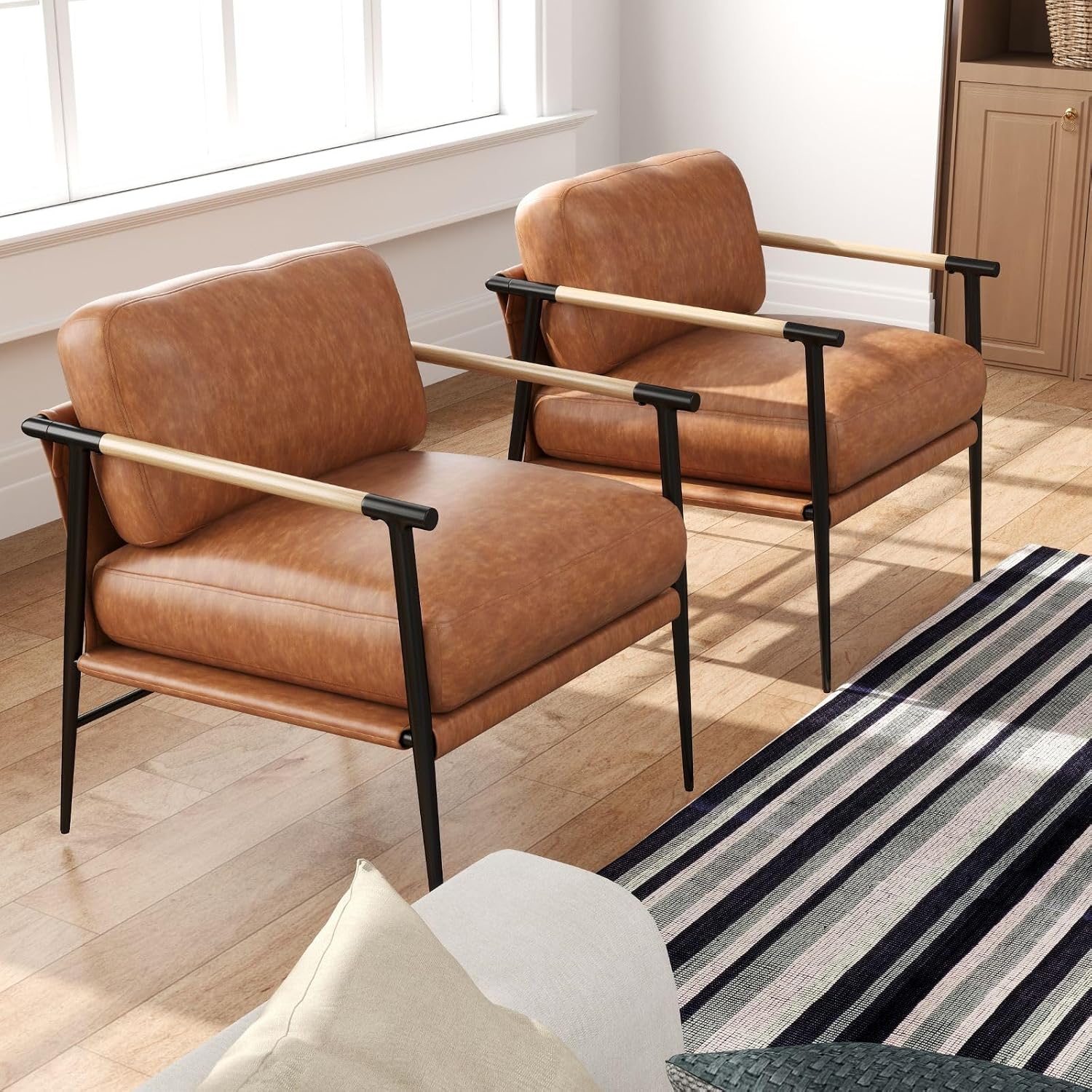 LukeAlon PU Leather Accent Chairs Set of 2 Brown Lounge Chairs with Metal Legs Modern Armchairs Upholstered Mid-Century Comfy Leisure Chair for Bedroom Living Room Reception Area