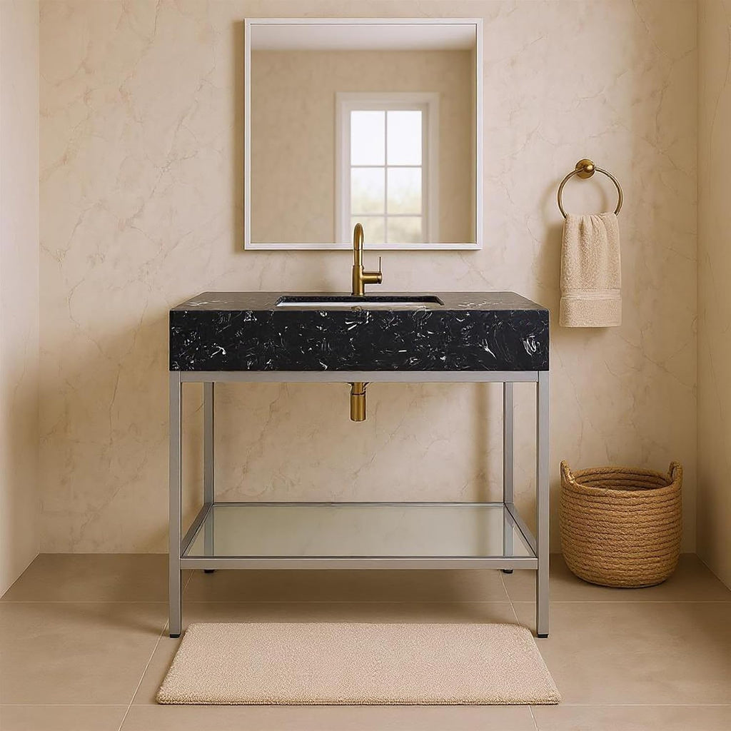 Meridian Furniture 408Black-36 Marmo Collection Modern | Contemporary Bathroom Vanity with Black Engineered Stone with White Veining, Brushed Chrome Stailness Steel Base, 36' W x 23' D x 34' H, Black