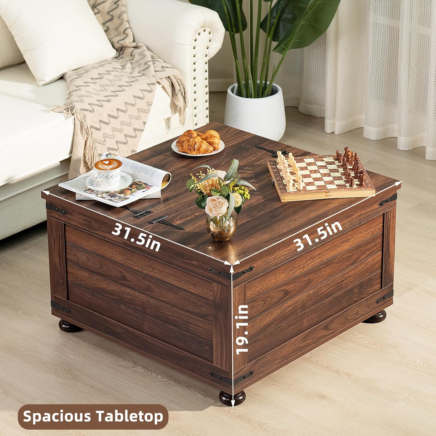 Joaxswe Farmhouse Coffee Table with Hidden Storage,Large Square Center Table for Living Room,Retro Cocktail Tables with Flip-Top Lids, Farm House Tables with Wooden Gourd Feet for Home,Brown Walnut