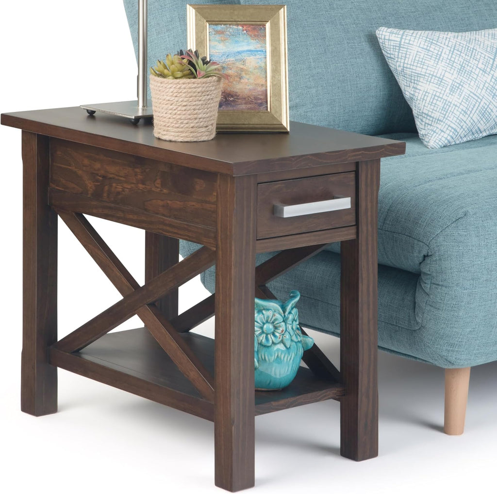 SIMPLIHOME Kitchener End Table - 14 inch Wide Solid Wood Narrow Accent Table with Drawer and Open Shelf in Warm Walnut Brown, Contemporary Nightstand with X-Design for Living Room or Bedroom
