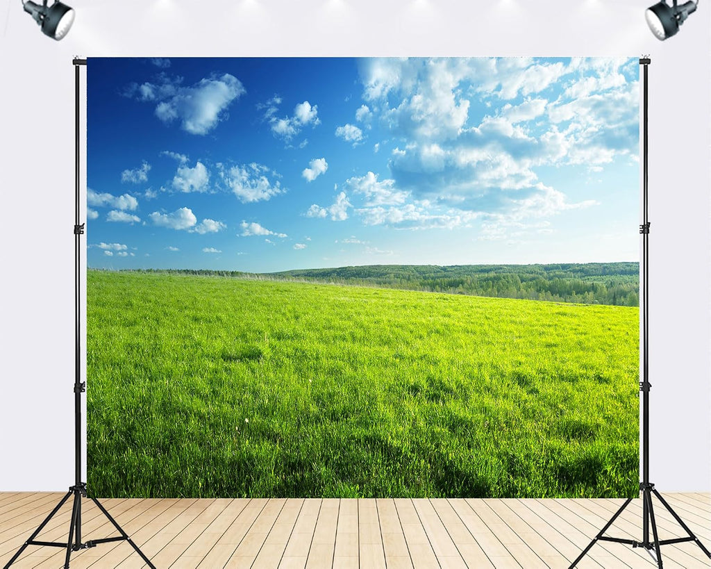 Trykid 20x10ft Bright Green Plain Cloud Backdrop Vast Meadow Clear Sky Photography Background Outdoor Camping Nature Tour Tapestry Party Decoration Photo Studio Prop Fabric