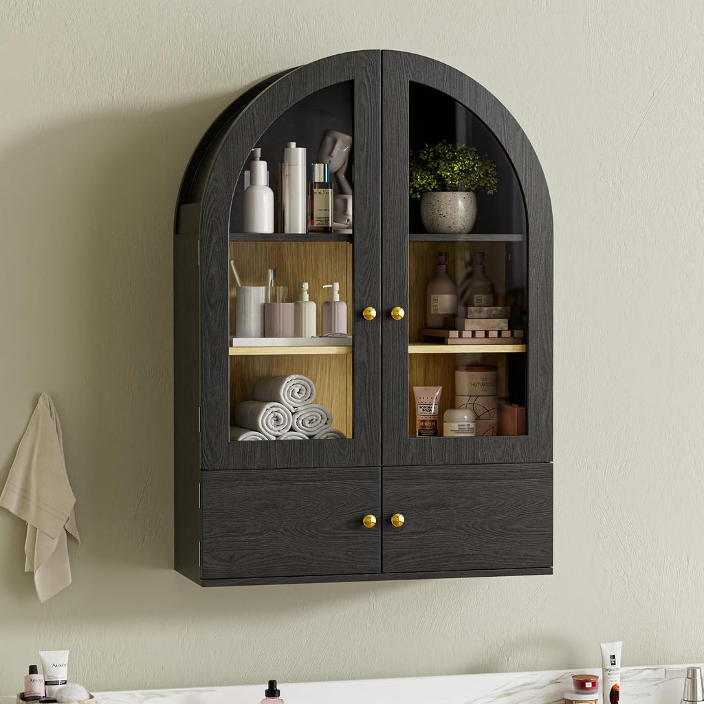 BREEZEHEAT Arched Bathroom Wall Cabinet, Floating Medicine Cabinet Over Toilet Storage w/Glass Doors, Adjustable Shelf, Wood Hanging Cupboard for Laundry Room/Kitchen/Hallway, Black, 23.6x33.5 Inch