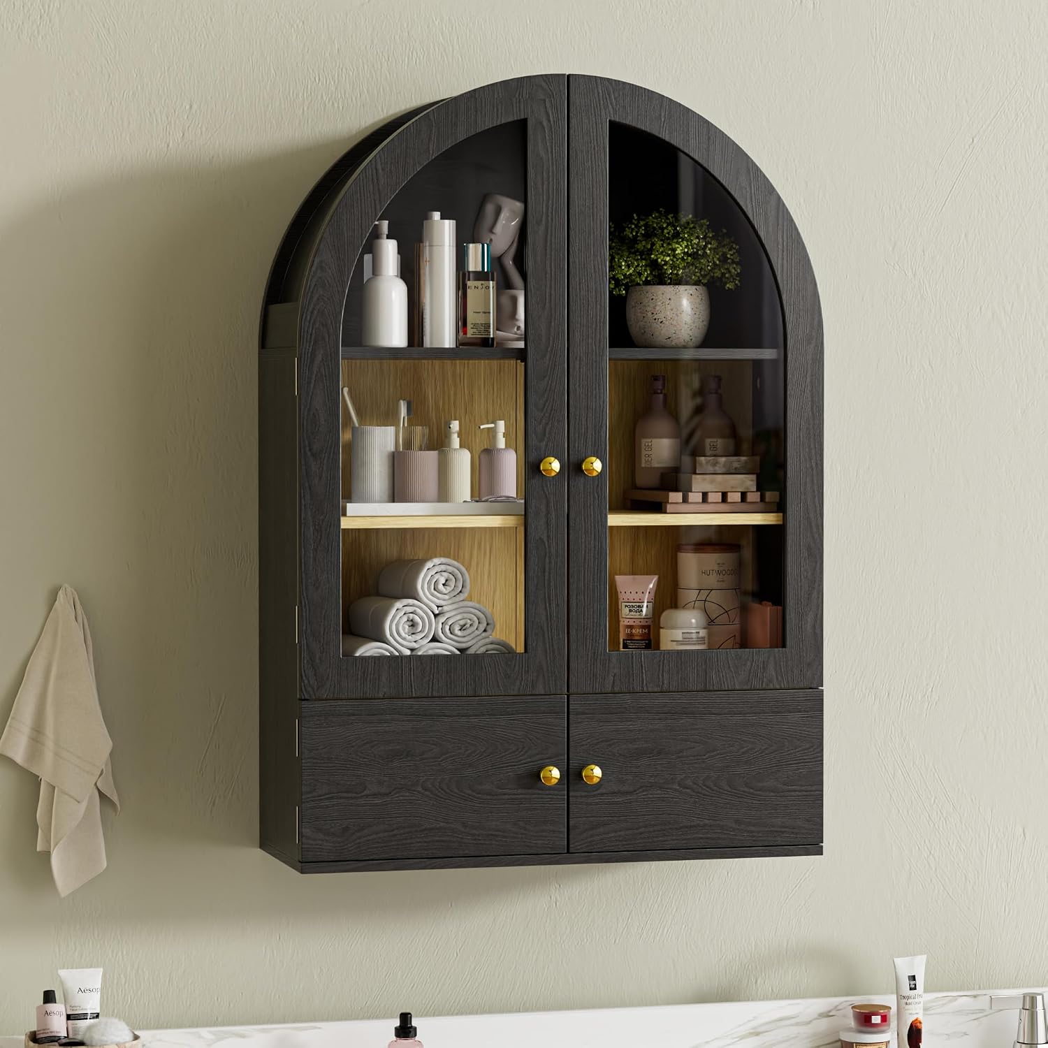 BREEZEHEAT Arched Bathroom Wall Cabinet, Floating Medicine Cabinet Over Toilet Storage w/Glass Doors, Adjustable Shelf, Wood Hanging Cupboard for Laundry Room/Kitchen/Hallway, Black, 23.6x33.5 Inch