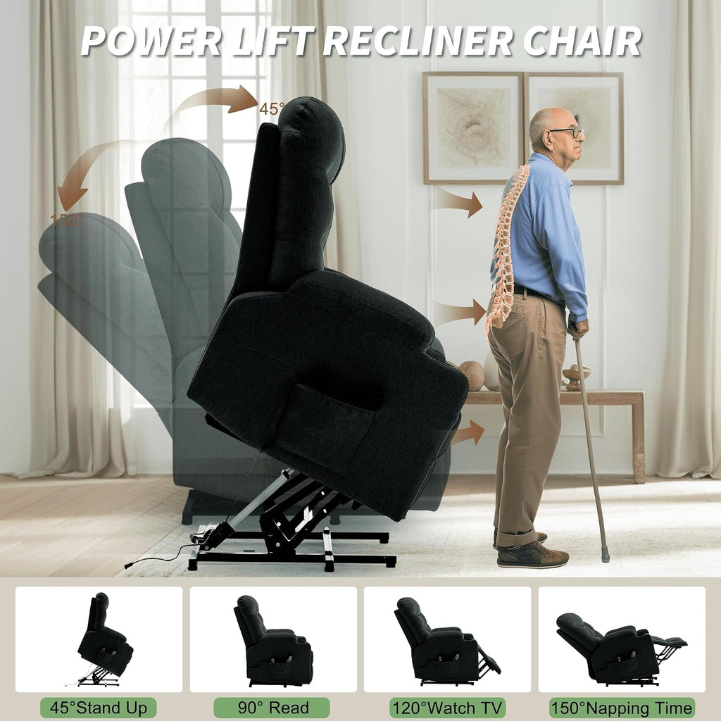 Korser Power Recliner Chair with Massage and Heating, Electric Recliner Chair for Elderly and Adults, Power Lift Recliner with Remote Control and Cup Holders for Living Room, Linen Fabric, Black