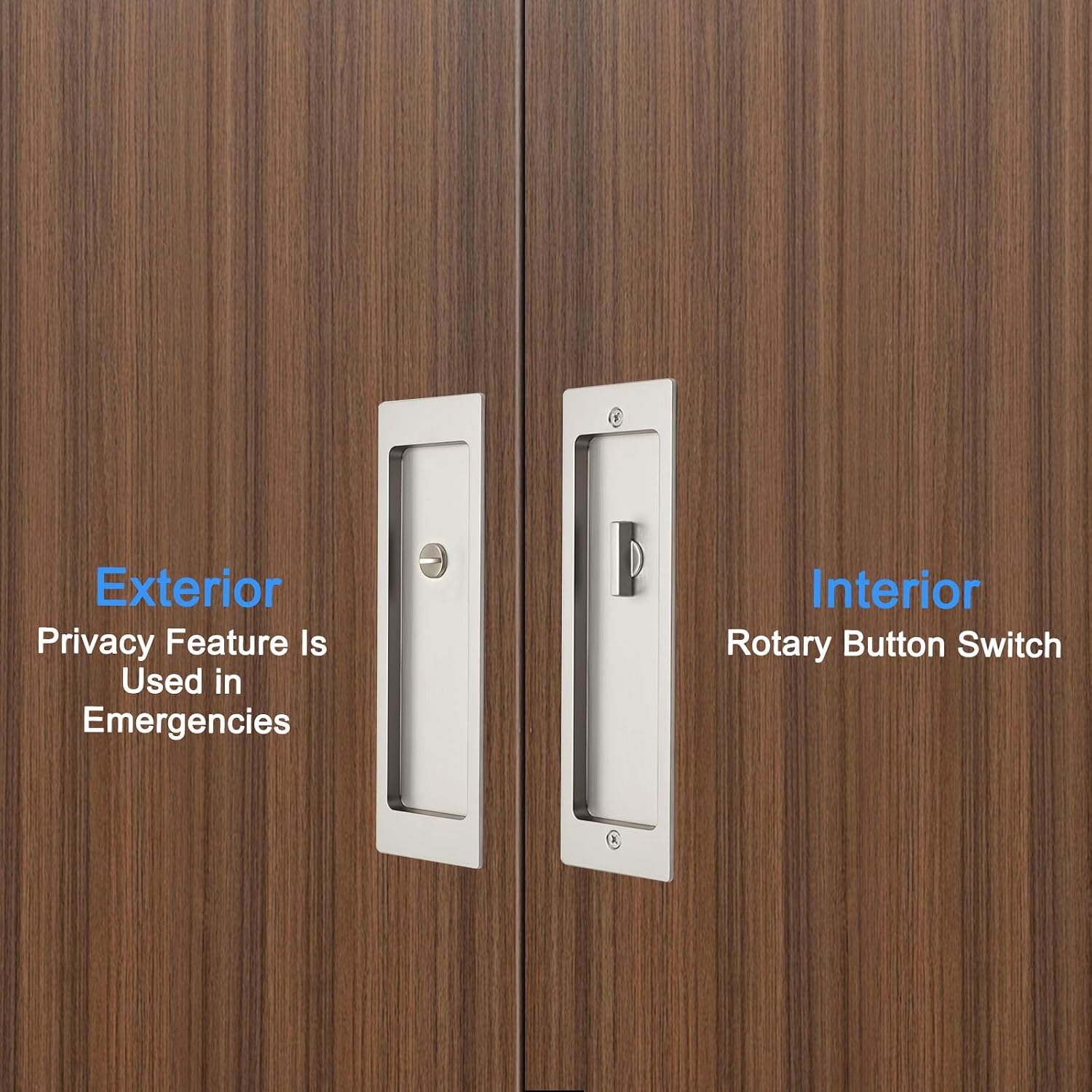 Rectangular Privacy Pocket Door Mortise Lock and Edge Pull, Narrow Modern Sliding Door Pop-Up Handle, (Bed/Bath) Pull Latch, Recessed Hardware for 1 3/8' to 2 3/16' Thickness Door (Brushed Nickel)