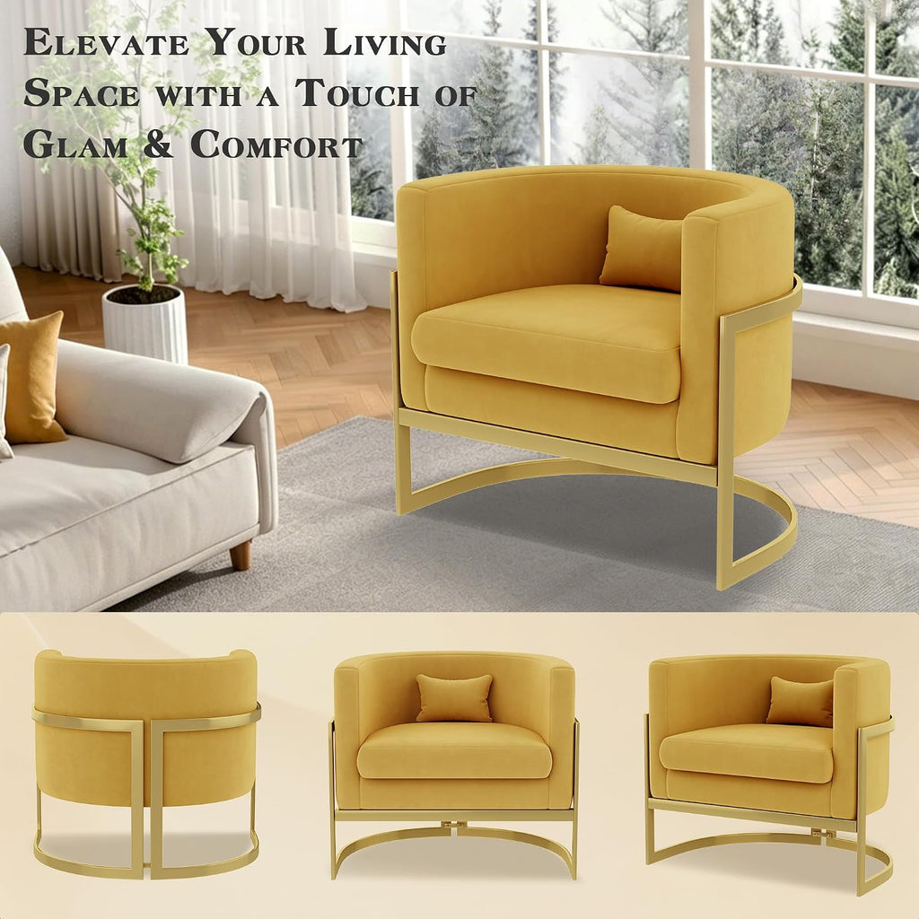 Velvet Accent Chair Yellow Modern Barrel Chair with Gold Legs Upholstered Armchair for Bedroom Living Room Sofa Chair Club Side Chairs