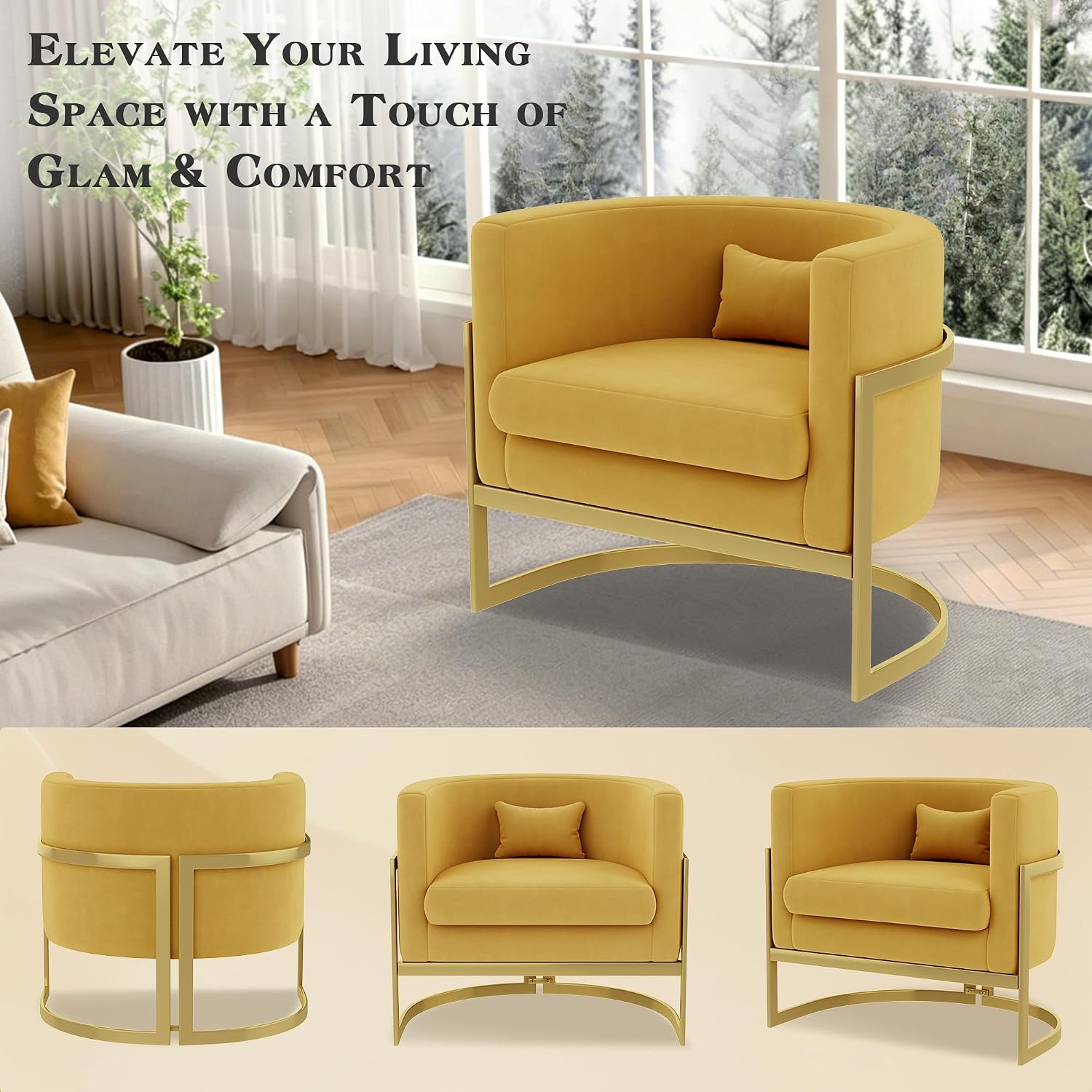 Velvet Accent Chair Yellow Modern Barrel Chair with Gold Legs Upholstered Armchair for Bedroom Living Room Sofa Chair Club Side Chairs