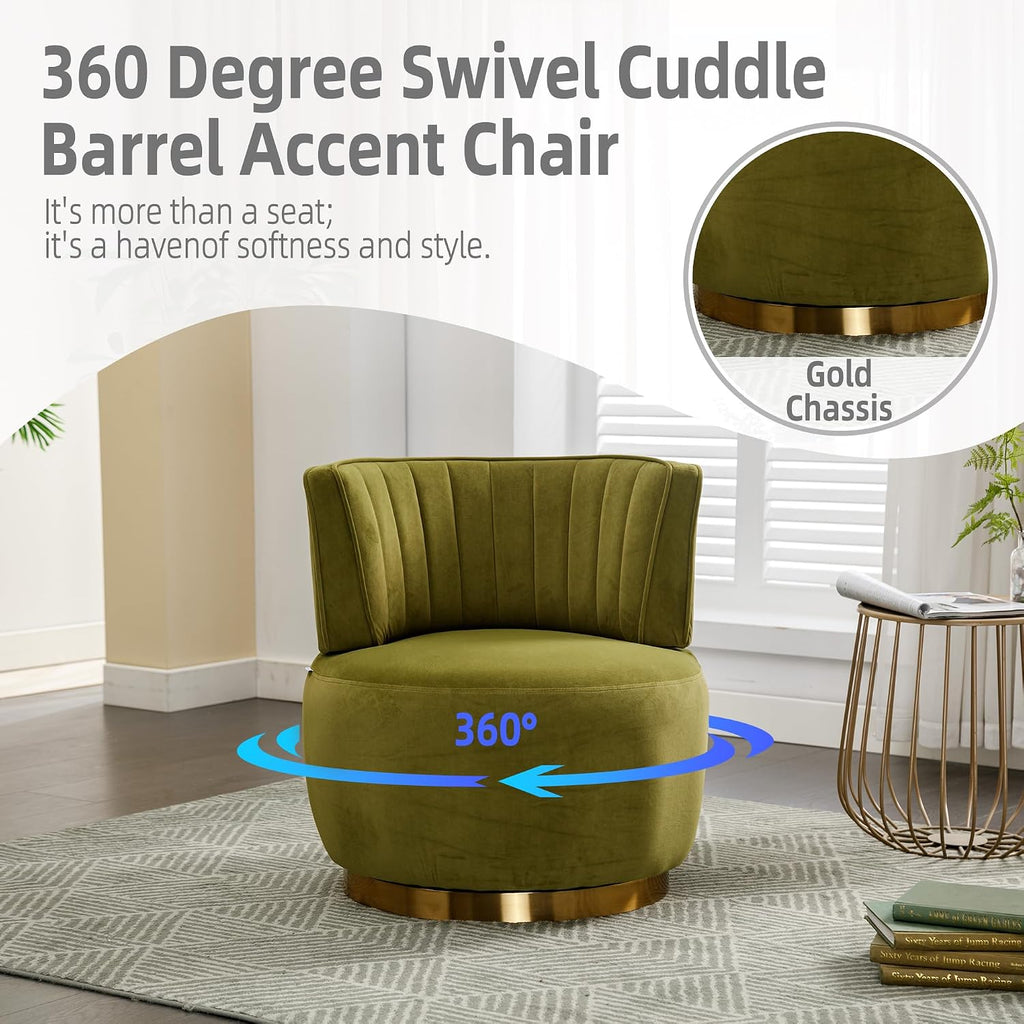 KEIKI Swivel Barrel Accent Chair, 360 Degree Rotating Upholstered Armchair with Velvet Fabric for Living Room, Office, Bedroom, Olive