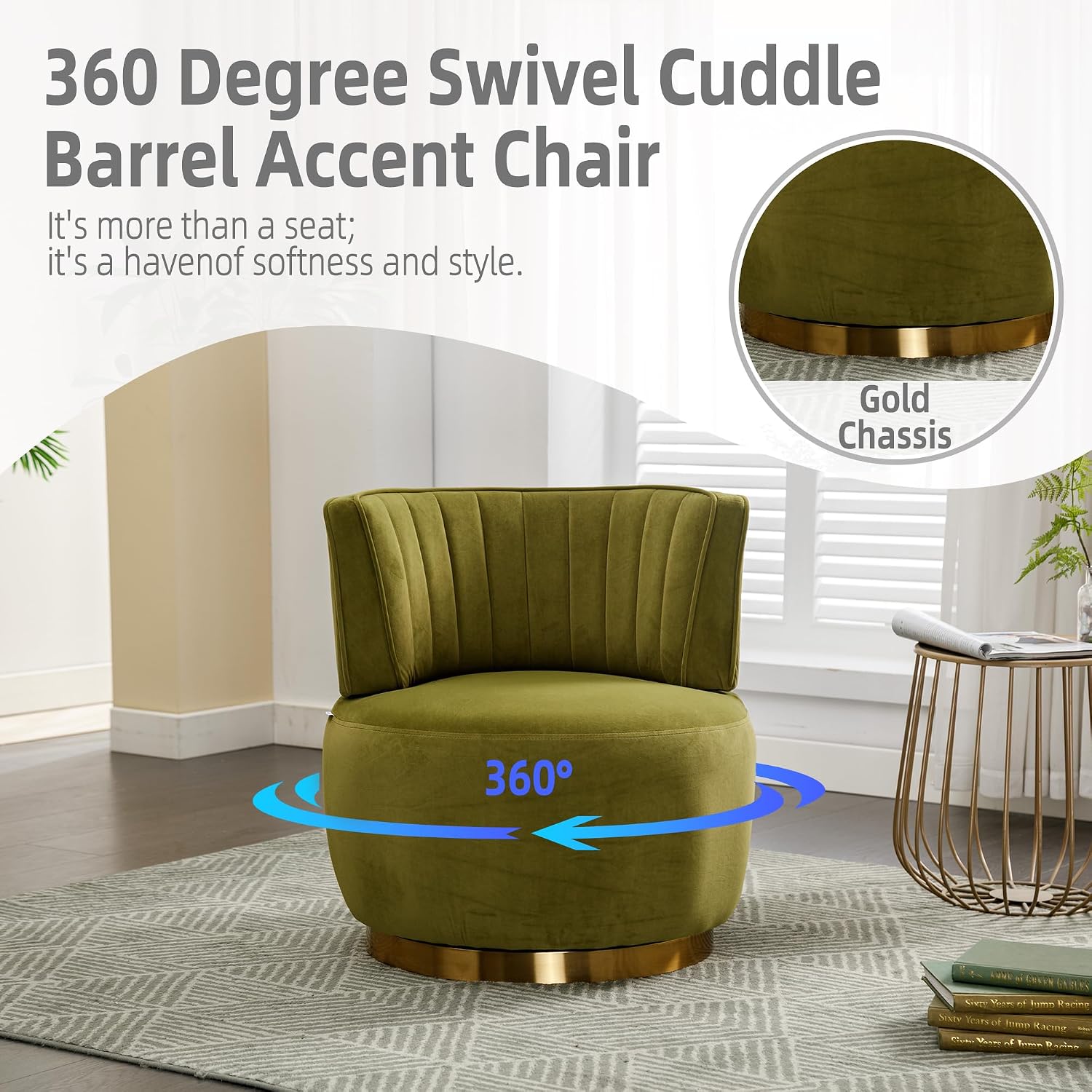 KEIKI Swivel Barrel Accent Chair, 360 Degree Rotating Upholstered Armchair with Velvet Fabric for Living Room, Office, Bedroom, Olive