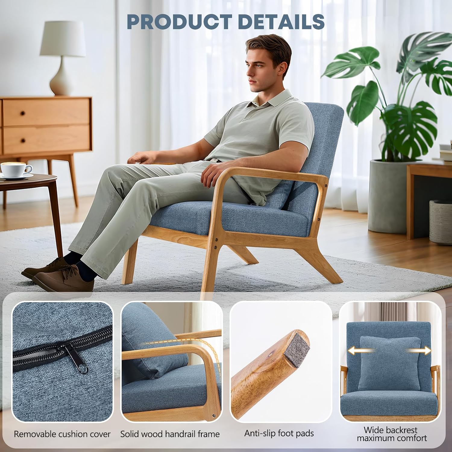 ELUCHANG Mid-Century Modern Accent Chair with Lumbar Pillow,Upholstered Armchair,Linen Fabric Comfy Reading Chair, Lounge Side Chair for Living Room Bedroom Apartment,Easy Assembly(Blue,2pcs)