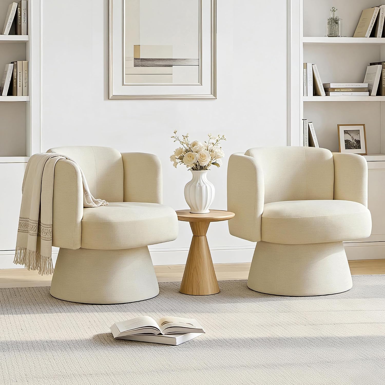 Swivel Barrel Chair,360° Accent Chairs with Round Backrest,Upholstered Lounge Chair for Vanity,Living Room,Bedroom,Reading Nook,Sand