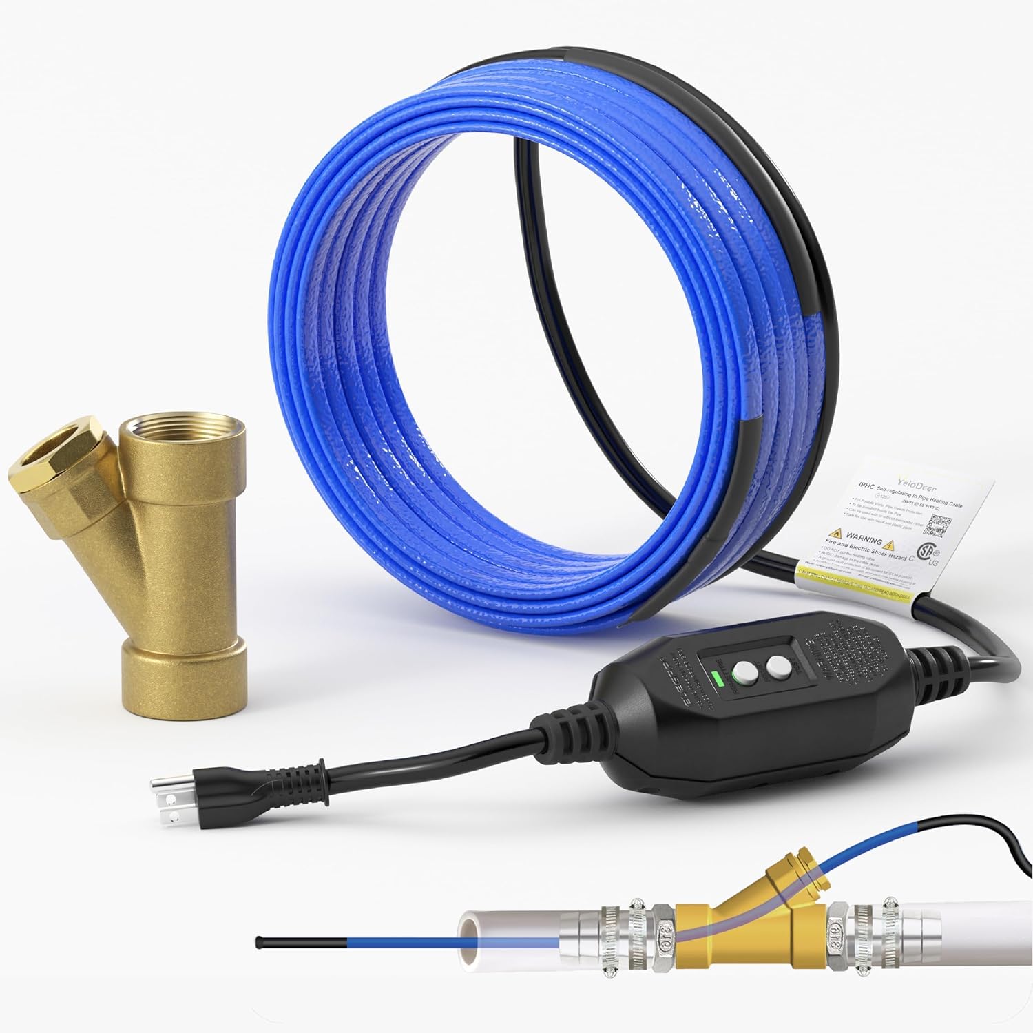 Upgrade In Pipe Heating Cable with Y-Fitting, CSA Certified Self-Regulating Heating Cable Inside Pipe for Easy Installation, 120V 50ft, YeloDeer Freeze Protection for Drinking Water Pipes