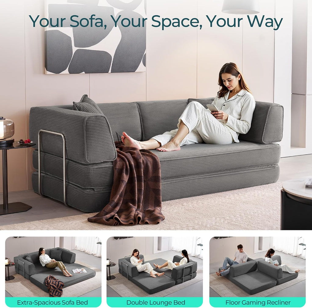 LINSY HOME Sofa Bed Couch - Convertible Boneless Couch Bed with 2 Pillow (Grey) | Folding Sofa Bed