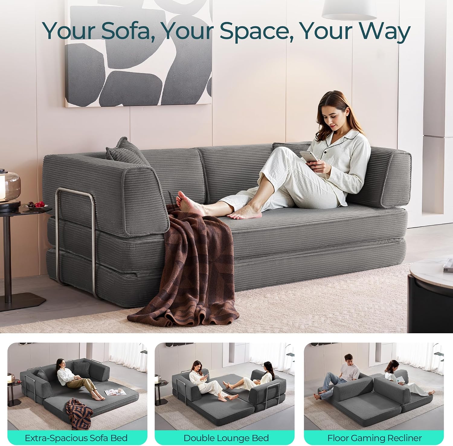 LINSY HOME Sofa Bed Couch - Convertible Boneless Couch Bed with 2 Pillow (Grey) | Folding Sofa Bed