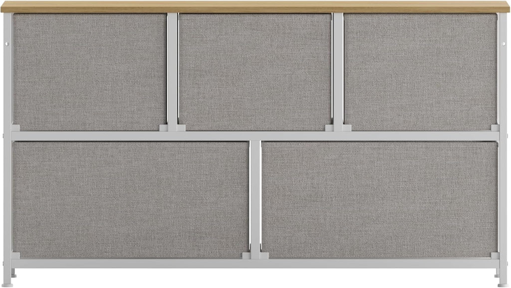 Flash Furniture Harris 5 Drawer Vertical Storage Dresser, Engineered Wood Top and Cast Iron Frame, Easy Pull Non-Woven Fabric Drawers with Wooden Handles, White/Beige