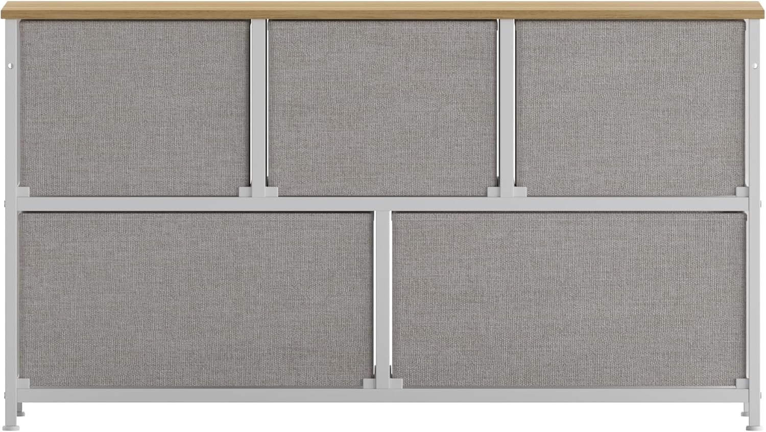 Flash Furniture Harris 5 Drawer Vertical Storage Dresser, Engineered Wood Top and Cast Iron Frame, Easy Pull Non-Woven Fabric Drawers with Wooden Handles, White/Beige