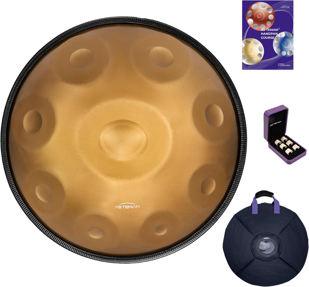 AS TEMAN HANDPAN Drum D minor 9 notes 22 inches, 432Hz, with gold finish, carrying bag, stand, cleaning cloth, drumstick.
