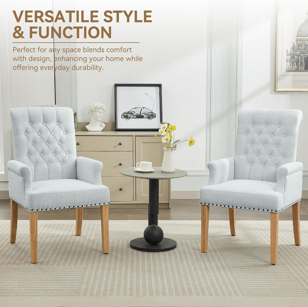 WUTUTUEE Fabric Dining Chair with Arms, Upholstered Tufted High Back Dining Room Chairs, Accent Armchair with Solid Wood Leg and Nailhead Trim, Kitchen Dining Living Room, Sky Blue