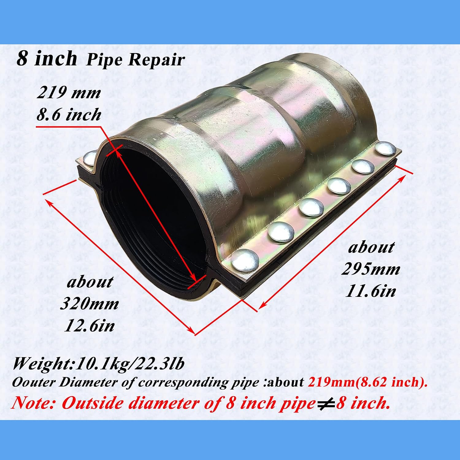 Water Pipe Repair Clamp for 8 inch Pipe(OD of The Applicable Pipe is 8.62 inch),Leak Sealer for Pipes and Plumbing,Length 11.6 inch,Suitable for PE/PPR Pipe,Steel Pipe,Iron Pipe