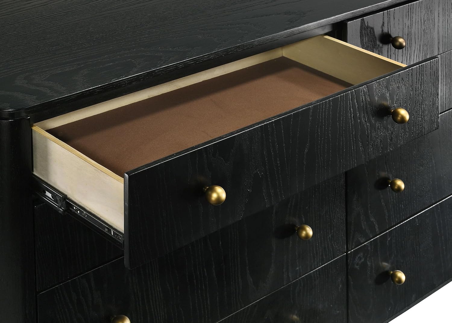 Coaster Home Furnishings - Arini - Wood - 8-Drawer Dresser with Felt-Lined Top, Round Ball Knobs, Metal Glides, Gold Base, Wire-Brushed Details, Coastal Style - Bedroom - Black - 224333