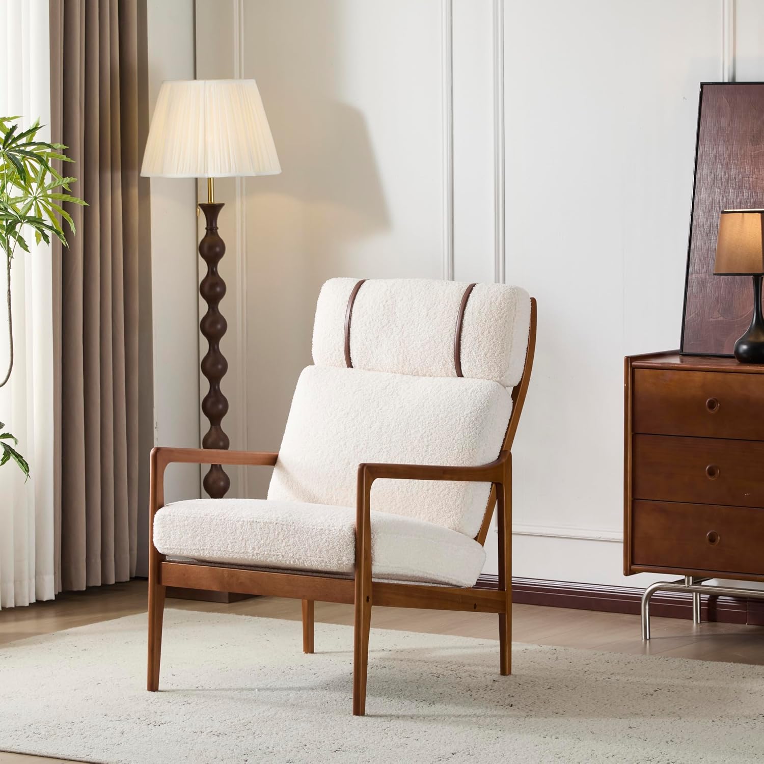 Christopher Knight Home Nadine Wooden Club Chair, Upholstered Accent Chair, Cushions Support Armchair, Comfy Lounge, Single Reading Sofa, Solid Wood Frame Armchair for Living Room Home, Ivory+Teak