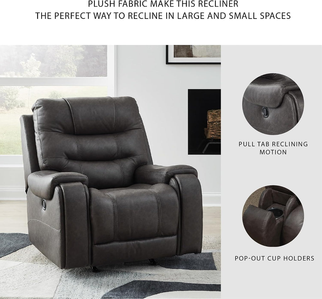 Signature Design by Ashley MakingMoves Rocker Recliner, Faux Leather Oversized Recliner Chair, No Assembly Required, with Pop-Out Cup Holders for Living Rooms, Smoke, 40' W