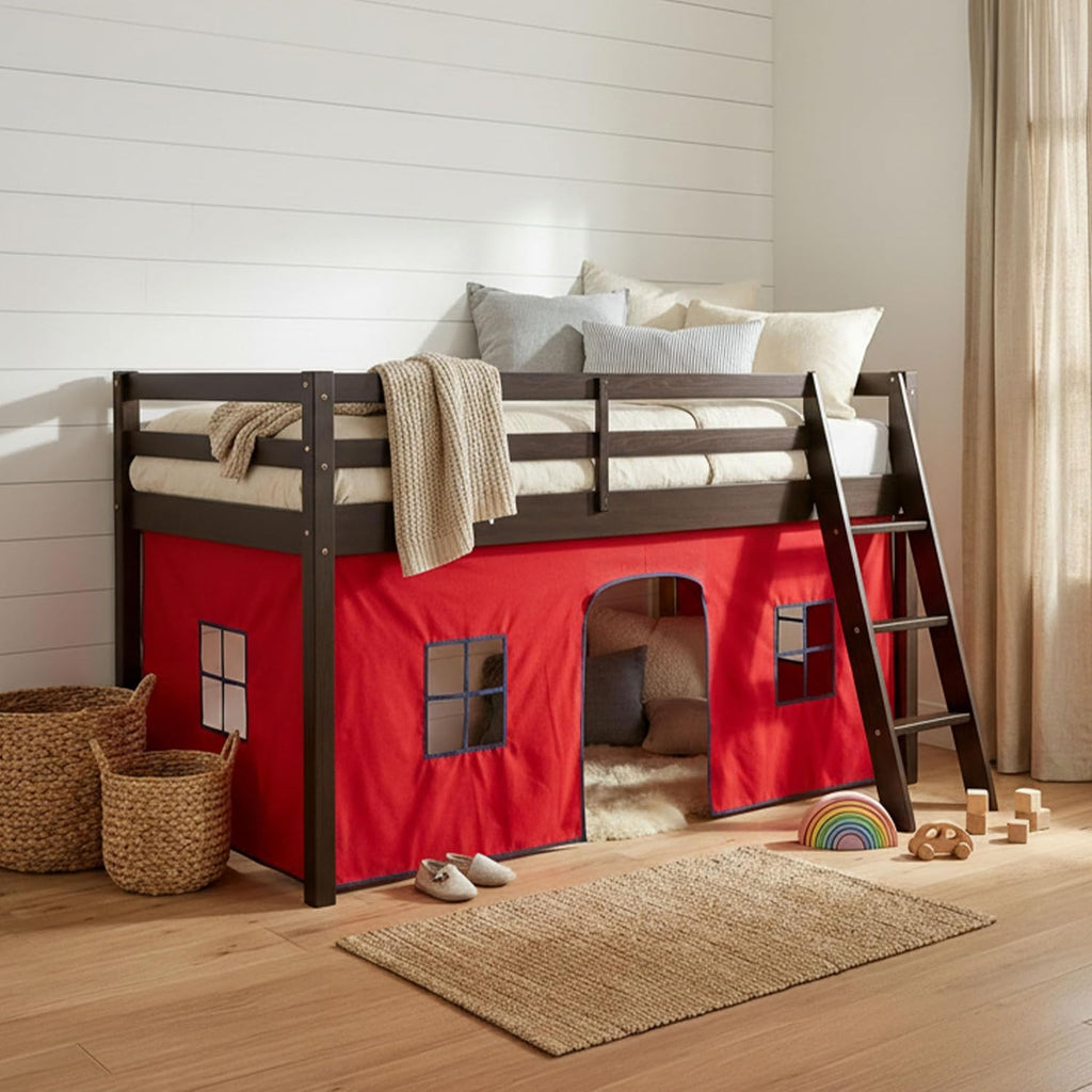 Alaterre Furniture Roxy Low Loft Bed Twin Size Frame with Tent - Solid Wood Loft Bed with Safety Guardrails, Inclined Ladder and Play Tent - No Box Spring Needed, Easy Assembly (Espresso & Red)