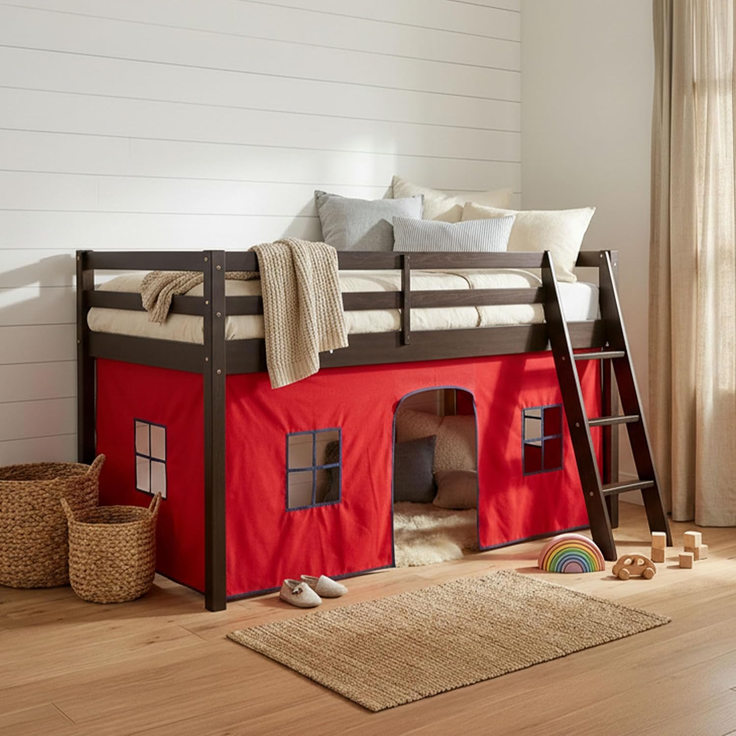 Alaterre Furniture Roxy Low Loft Bed Twin Size Frame with Tent - Solid Wood Loft Bed with Safety Guardrails, Inclined Ladder and Play Tent - No Box Spring Needed, Easy Assembly (Espresso & Red)