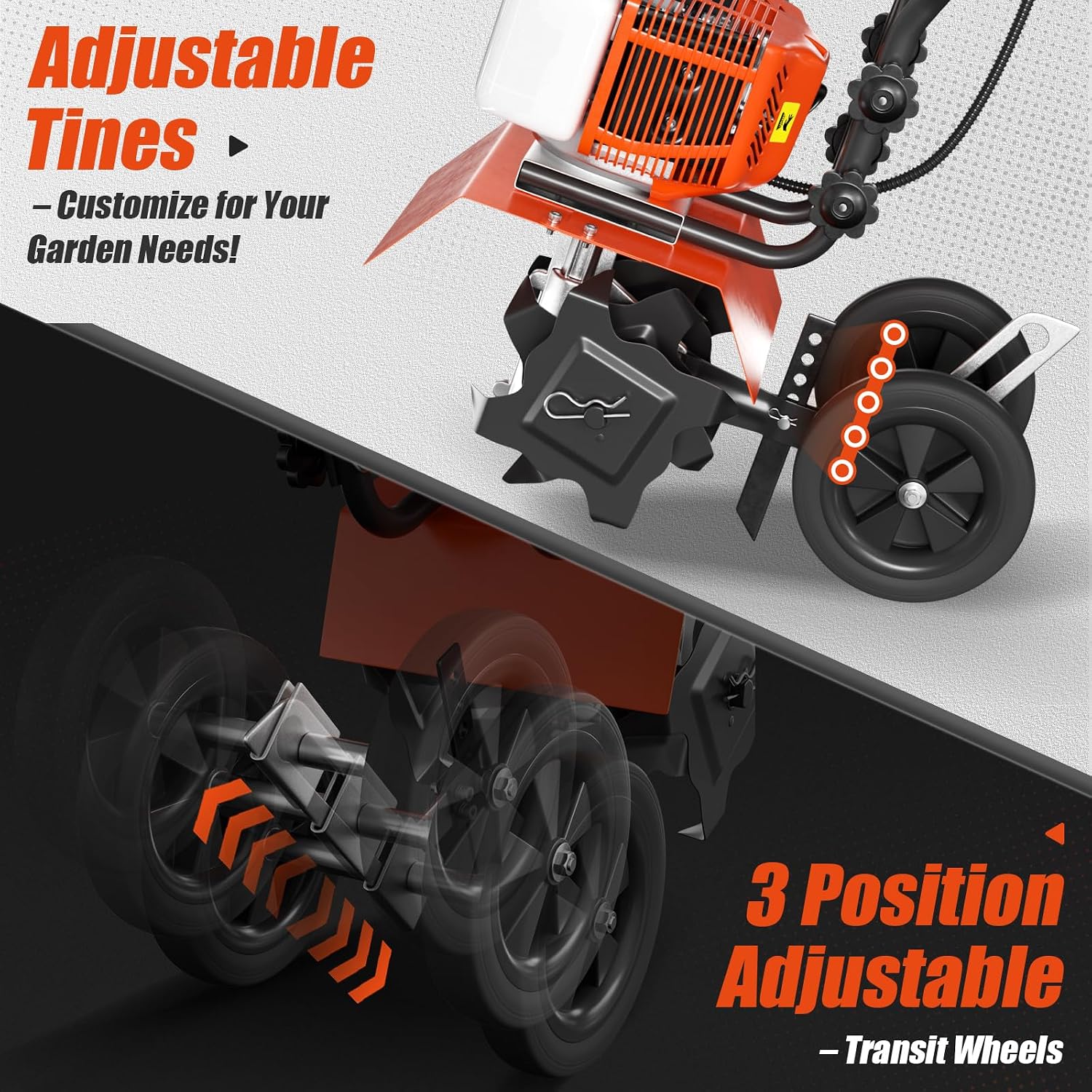 62cc Gas Tiller Cultivator, 10-Inch 2-Cycle Gas Powered Garden Tiller for Heavy Duty Soil, Self-Propelled Lawn Tiller with 4 Steel Tines & Adjustable Handle, Easy Pull Start for Clay/Dirt