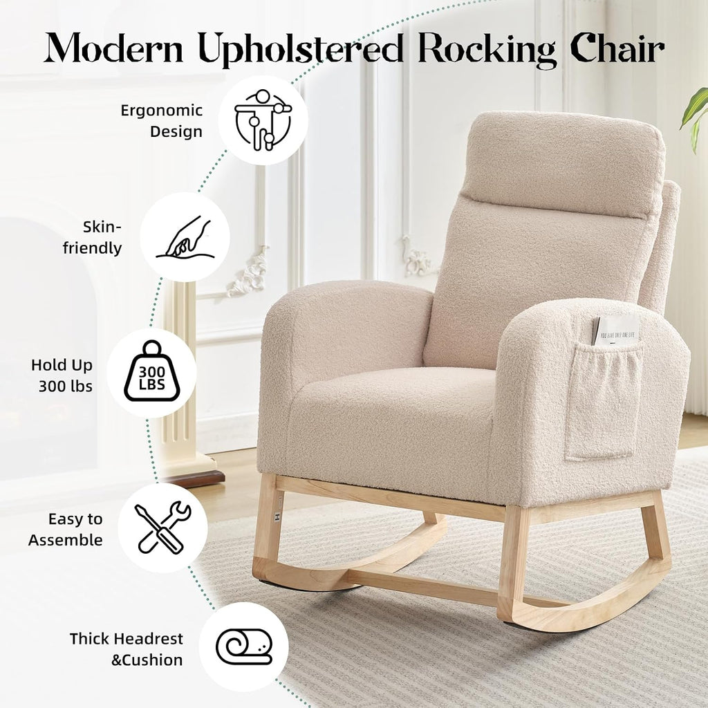 Garvee Teddy Fleece Nursery Rocking Chair,Upholstered Glider with 26' High Backrest, Padded Seat,Modern 300 Lbs Weight Capacity Accent Recliner for Living Room, Bedroom, Reading