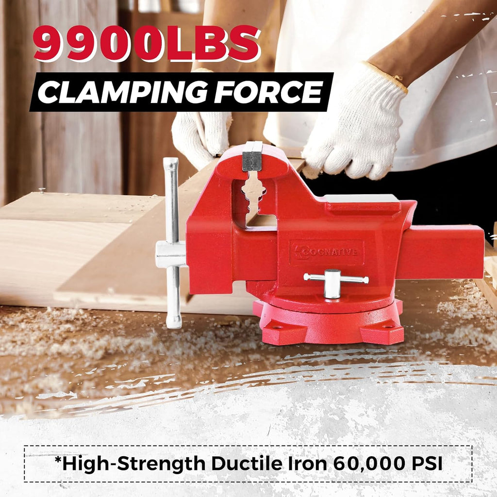 8' Heavy-Duty Bench Vise Ductile Iron Bench Vise with Strong 9900lbs Clamping Force 360° Swivel Bench Vice with Anvil, Red