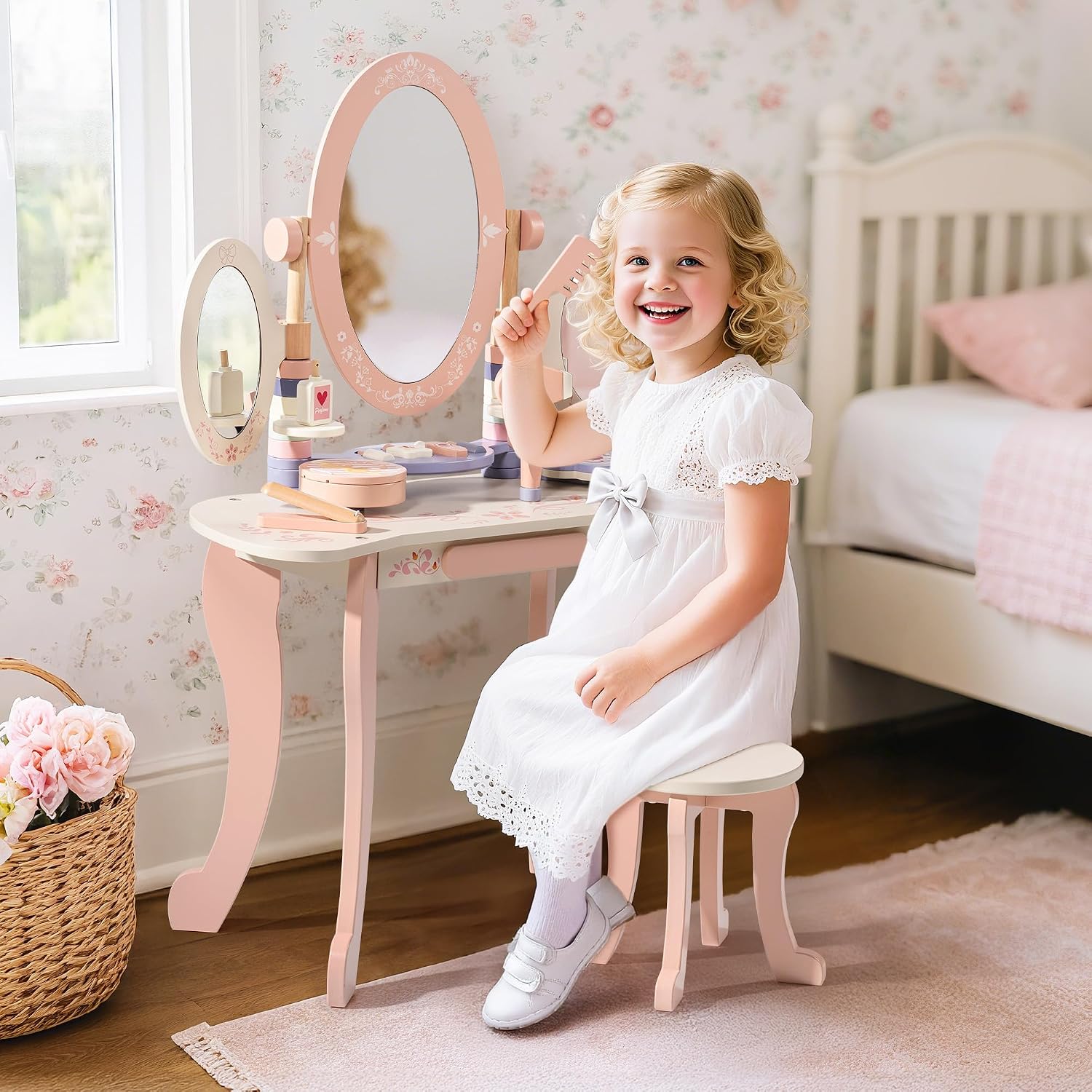 ROBOTIME Kids Vanity Set with Mirror and Stool – Wooden Pink Makeup Table with 11 PCS Accessories – Play Beauty Dresser with Mirrors, Drawer– Kids Vanity Table and Chair Set for Girls Ages 3+