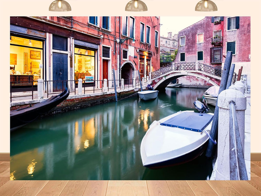 20x10ft Fabric Venice Narrow Canal Backdrop Colorful Buildings Gondola Background for Italian Travel Themed Party Decorations Balcony Wall Hanging Tapestry Photo Shoot Studio Props