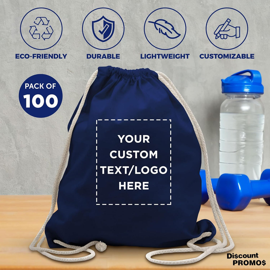 DISCOUNT PROMOS Custom Cotton Drawstring Backpacks Set of 100, Personalized Bulk Pack - Bring Everywhere You Go and For Everyday Use - Navy Blue