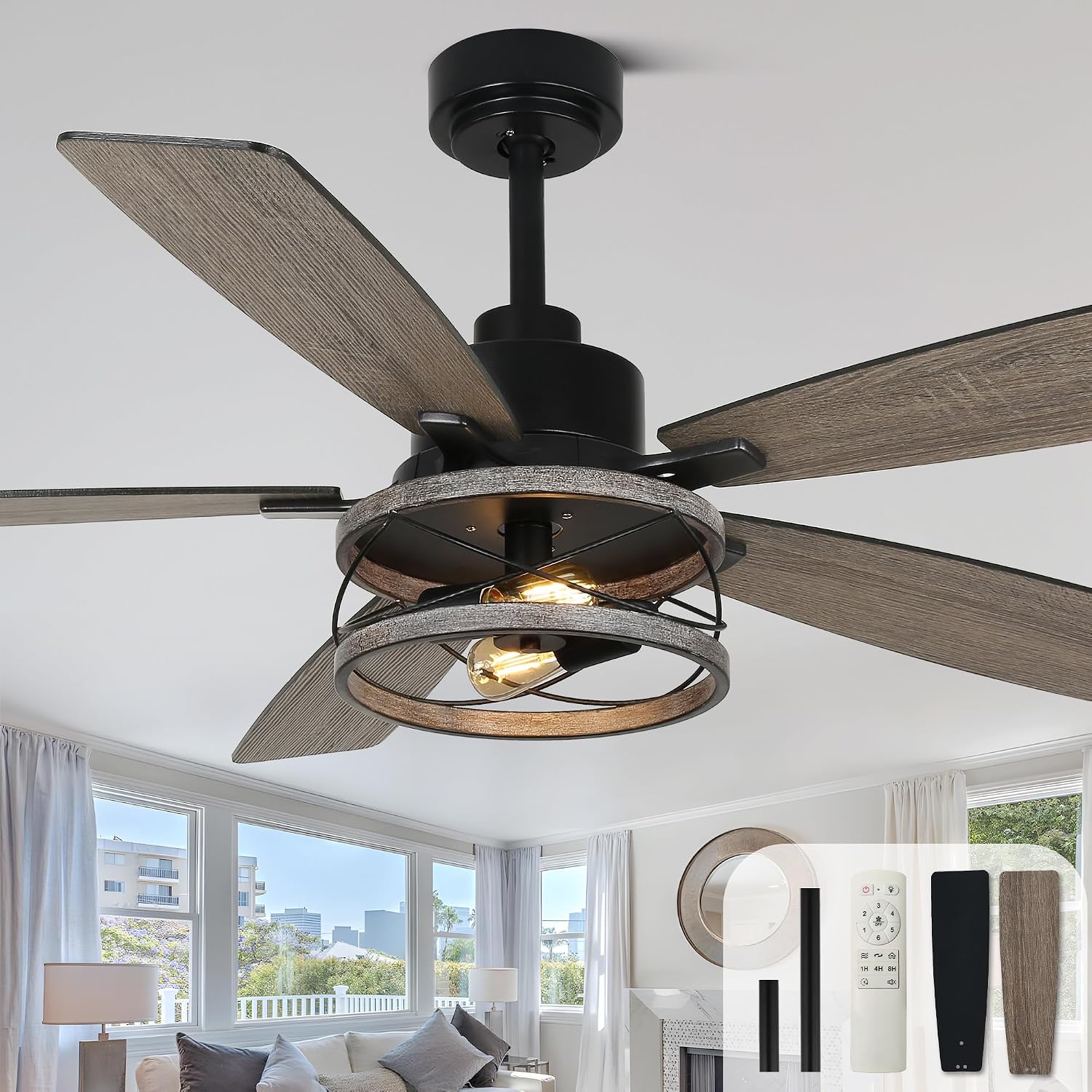 Bella Depot 52' Farmhouse Caged Ceiling Fan with Light, Remote Control & Silent Motor, Industrial Chandelier Style Fandelier for Bedroom Living Room Dining Room