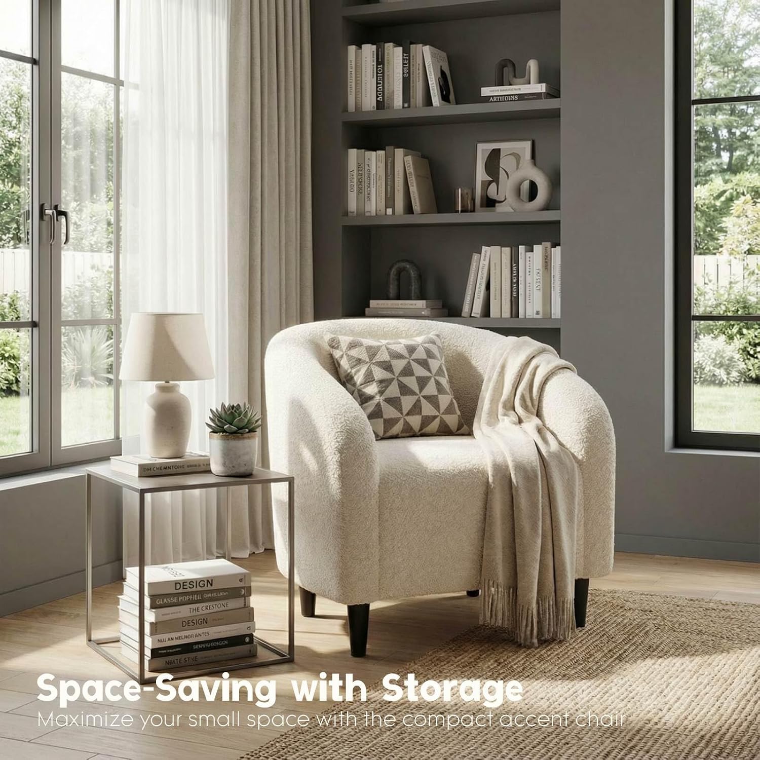 Modern Accent Barrel Chair, Comfy Teddy Fabric Club Armchair with Side Pocket, Easy Assembly Living Room Corner Chair for Bedroom, Office, Reception Space