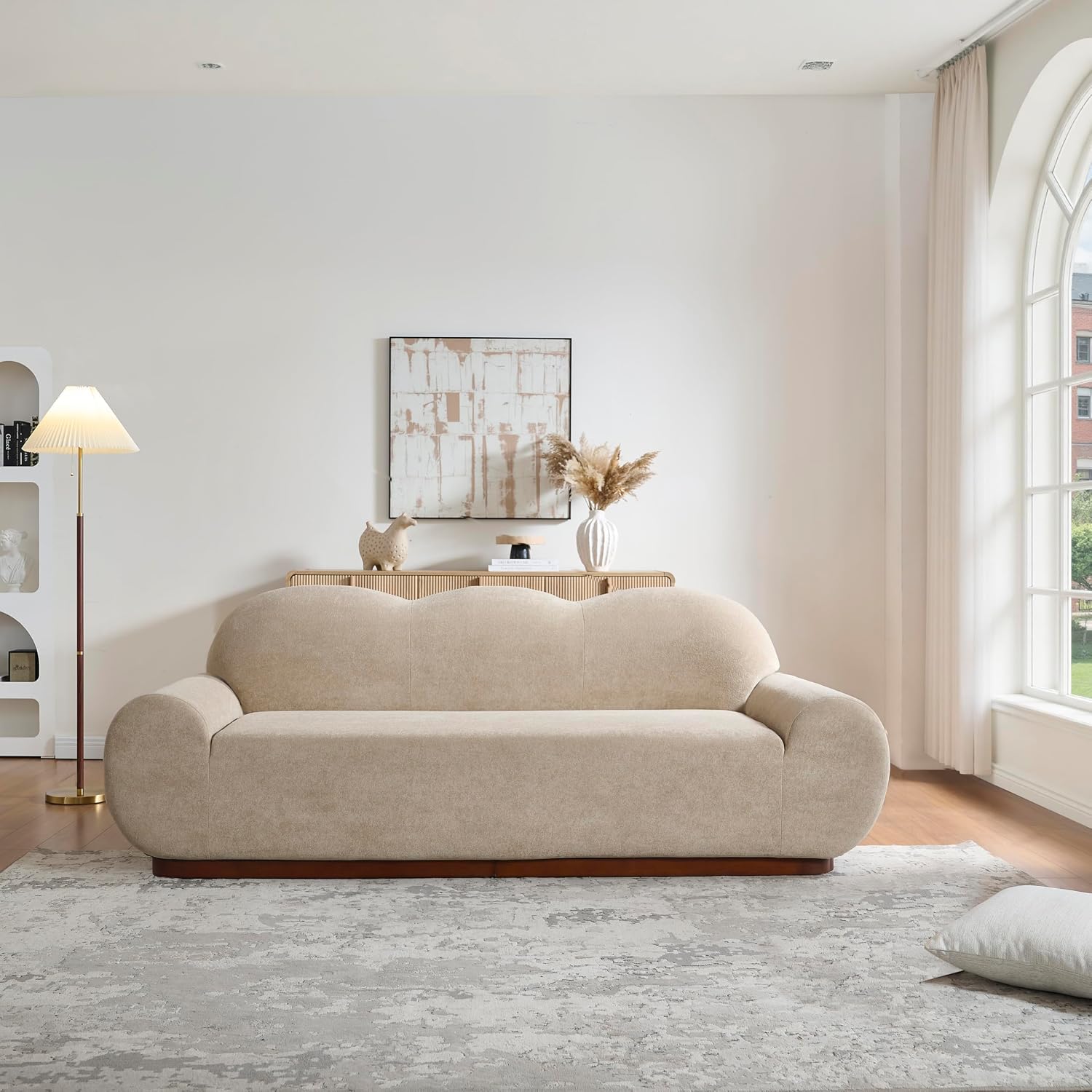 Christopher Knight Home Zera 88' Comfy Velvet Upholstered Cloud Couch, 3-Seater Sofa Couches, Low Profile Home Sofa Living Room with Round Arm, Sturdy Wooden Frame Lounge Chair Indoor, Camel Brown