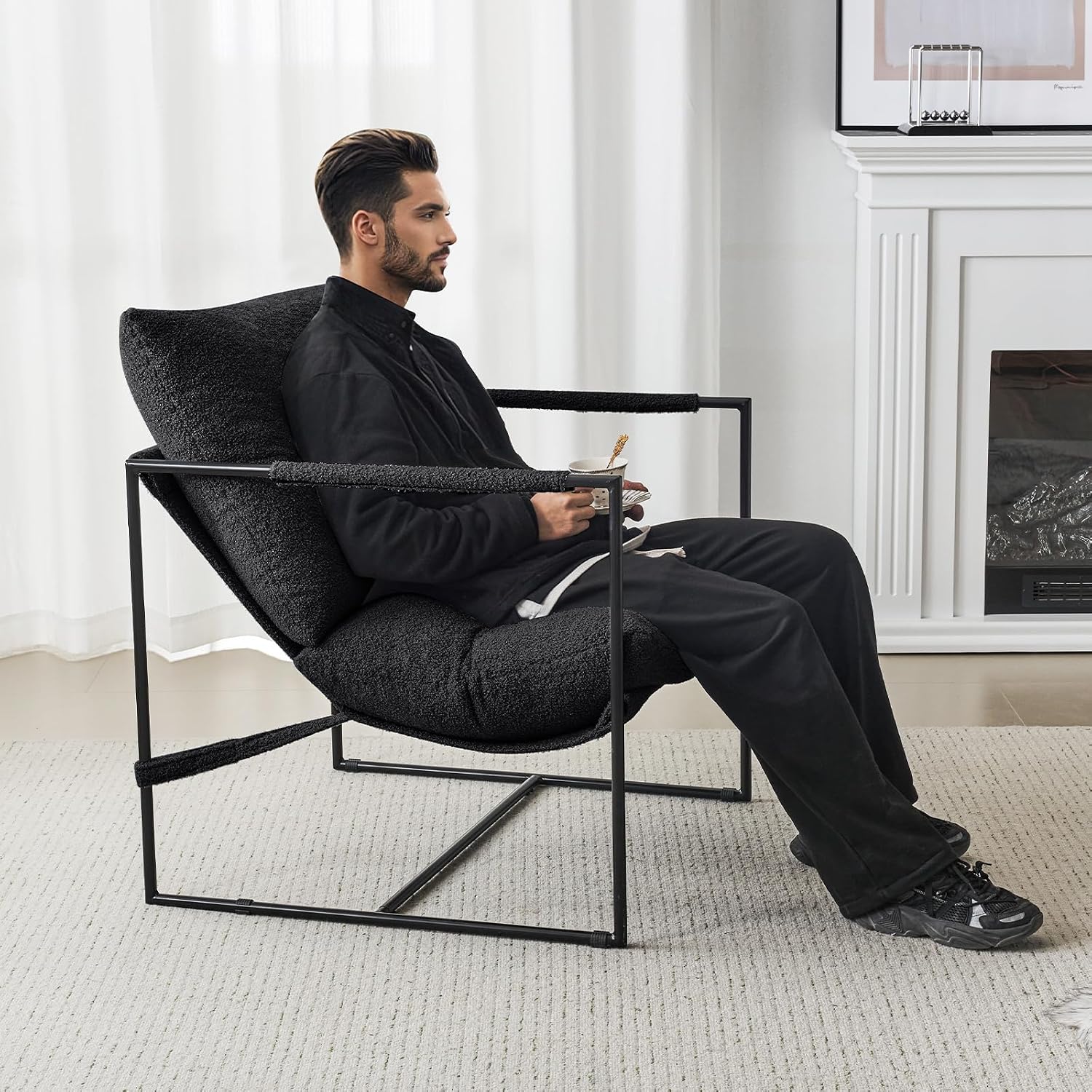 Furnilivng Large Sling Accent Chair, Comfortable Boucle Fabric Arm Chair, Upholstered Cozy Reading Chair for Living Room, Bedroom, Dressing Room, Home Office (Black, Set of 2)