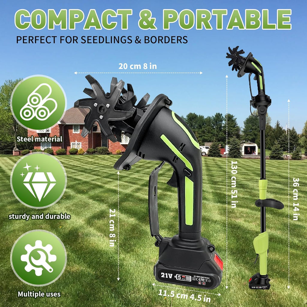 21V 2-in-1 Cordless Mini Tiller Cultivator with 2×4.0Ah Batteries, 235RPM Electric Garden Rototiller, 4' Width & Depth Soil Cultivator with Extension Rod, Lightweight Handheld Tiller for Garden Beds