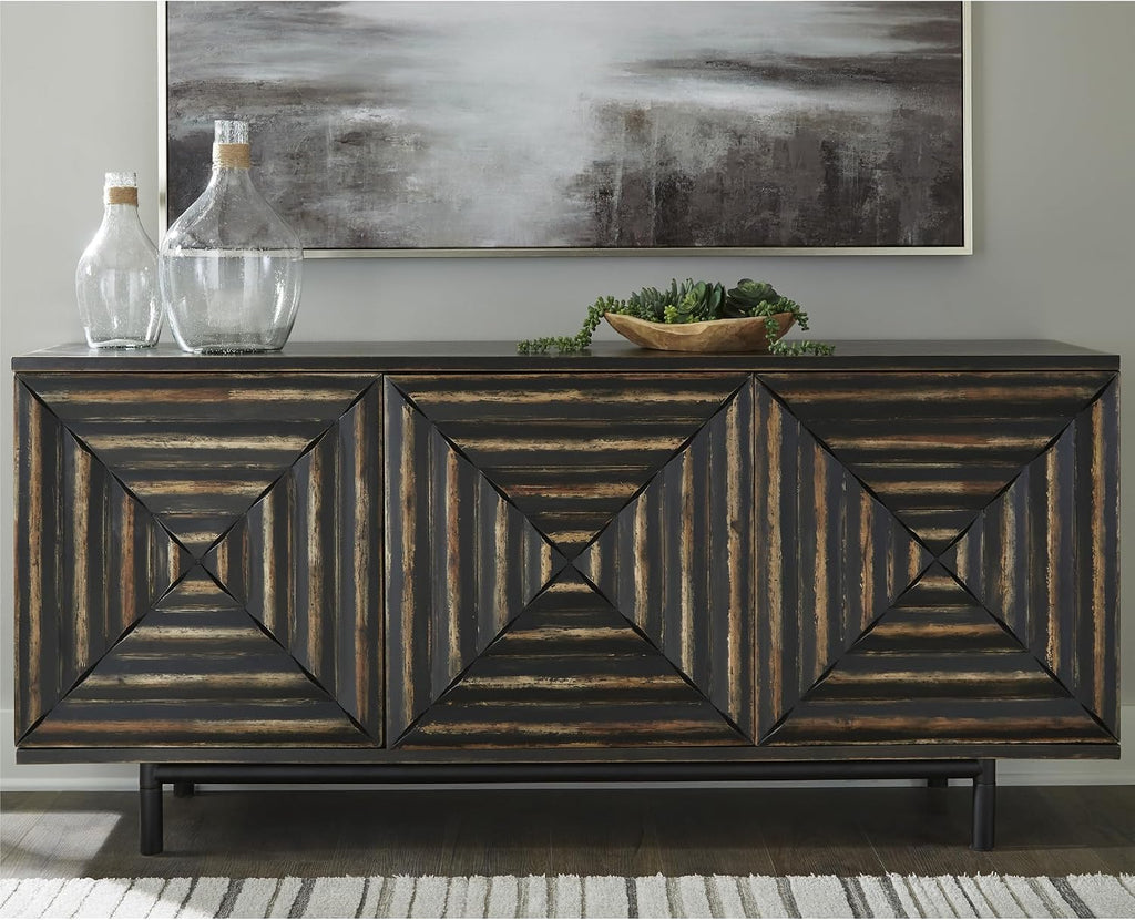 Signature Design by Ashley Fair Ridge Casual Square Patterned 3-Door Distressed Accent Cabinet with 3 Adjustable Shelves, Black & Dark Brown